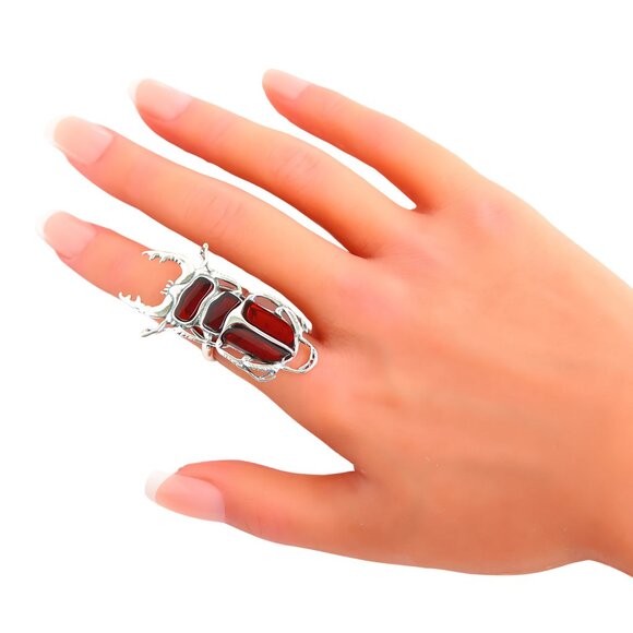 Baltic Cherry Amber Scarab Ring in 925 Sterling Silver - Picture 6 of 8